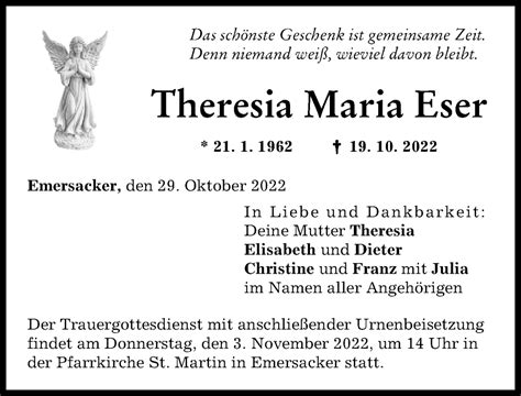 Traueranzeigen Von Theresia Maria Eser Augsburger Allgemeine Zeitung