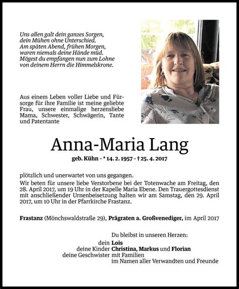Todesanzeigen Von Anna Maria Lang Todesanzeigen Vorarlberger Nachrichten My Xxx Hot Girl