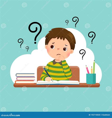 Cartoon Stressed Little Boy Doing Hard Homework On The Desk Stock