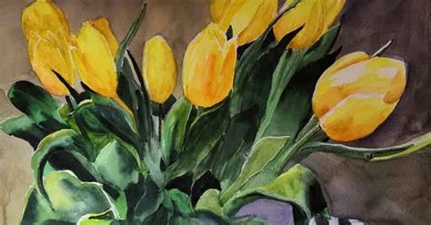 Bunnys Artwork Yellow Tulips Original Watercolor Painting