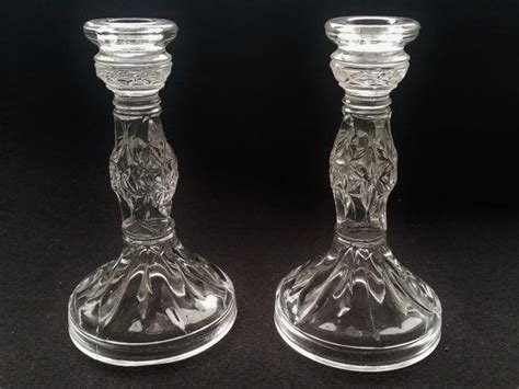 Pair Of Vintage Molded Or Pressed Glass Candlestick Holders 2 Etsy Uk Glass Candlestick