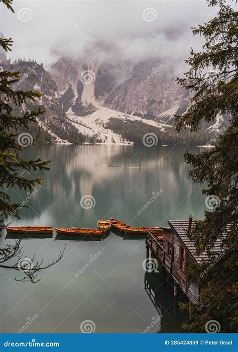 Rainy And Cloudy Morning At Famous Lago Di Braies Pragser Wildsee