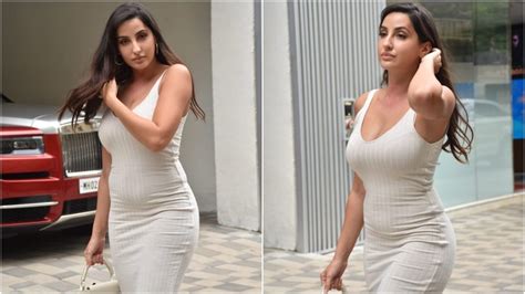 Nora Fatehi In Beige Bodycon Dress Looks Jaw Dropping For An Outing In