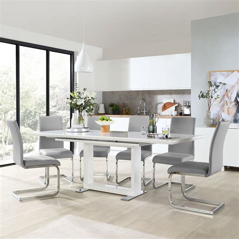 Tokyo White High Gloss Extending Dining Table With 8 Perth Light Grey Leather Chairs Furniture