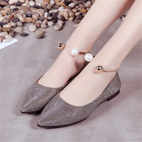 Spring Women Flats Metal Bead Flat Shoes Pointed Toe Ballet Flats Ankle