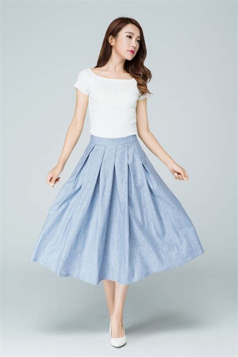 A Line Pleated Midi Skirt In Blue Linen Skirt Pockets Etsy