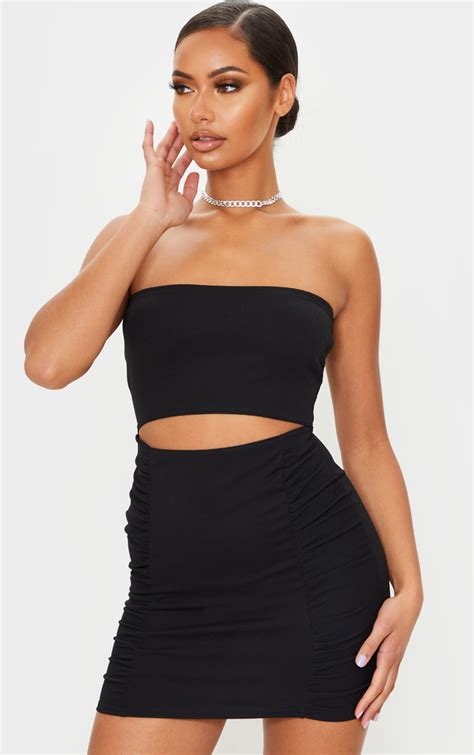 Black Bandeau Cut Out Ruched Bodycon Dress Prettylittlething