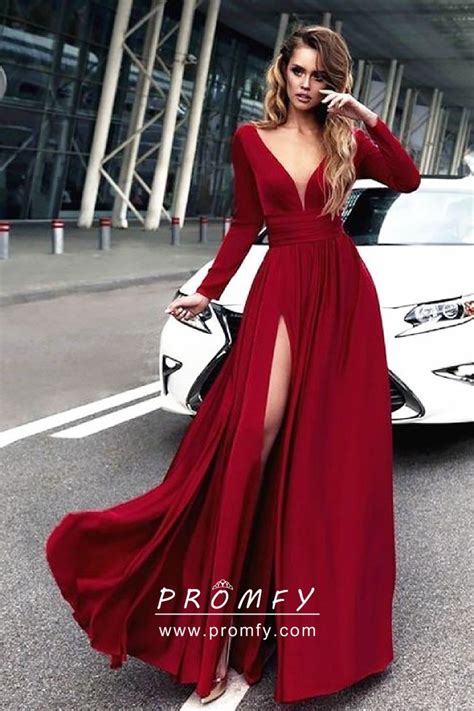 Crimson Red Satin Chiffon Long Sleeve Side Slit A Line Long Prom Dress