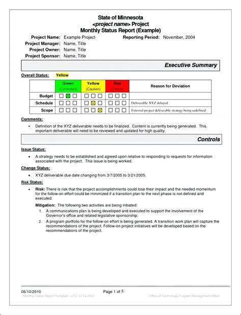 Monthly Project Status Report Template