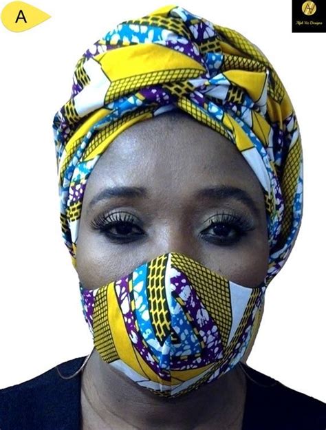 African Face Mask With Head Wrap Set For Women Made From Ankara Kente