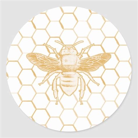A Bee On A Honeycomb Pattern In Gold And White Round Stickers Set Of 4