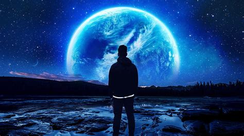 Hd Wallpaper Man Standing Facing The Field During Night Space Planet