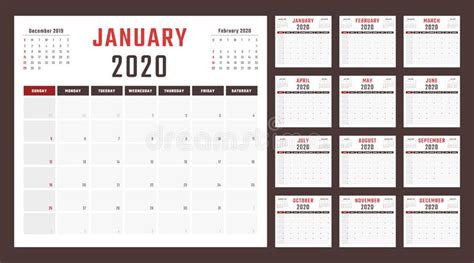 Calendar For 2020 Starts Sunday Vector Calendar Design 2020 Year Stock