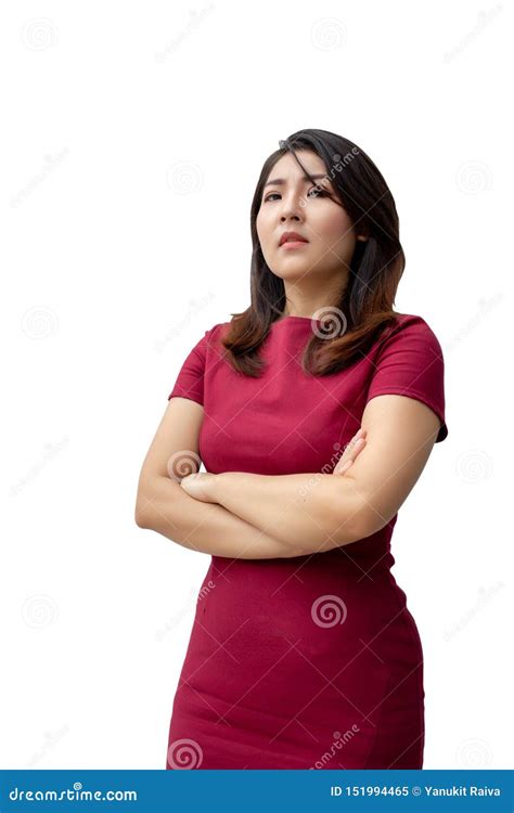 Confident Asian Woman Gcross Arm With Red Suite On White Stock Image
