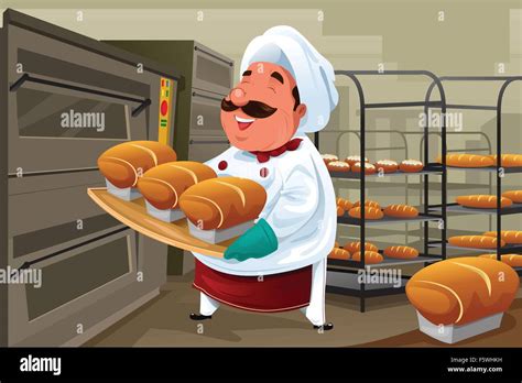 A Vector Illustration Of Happy Baker Holding Breads In The Kitchen