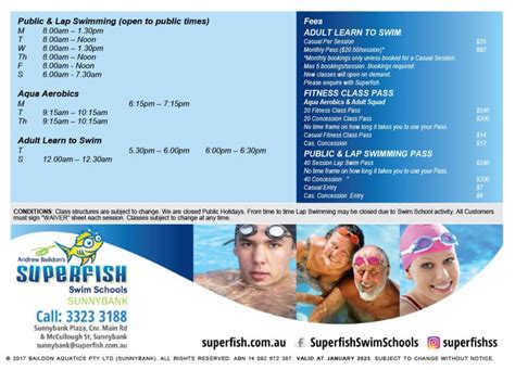 Timetables Superfish Swim Schools