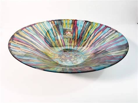 Vintage Art Glass Bowl Large Metallic Mod Modern Hand Decorated In Italy Colorful Centerpiece