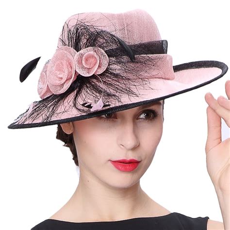 Junes Young Women Hats Floral Feather Pattern Wide Brim Pink Color