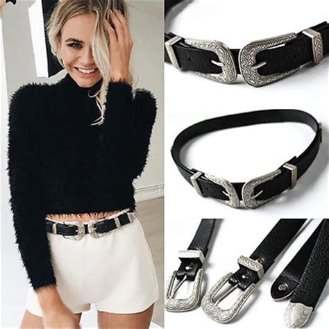 Fashion Women Lady Vintage Boho Metal Leather Double Buckle Waist Belt
