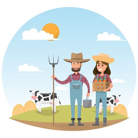 Farmer Cartoon Character With Milk Cow In Organic Rural Farm 424880