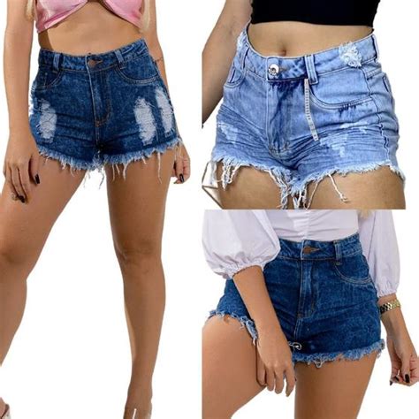 Kit Shorts Jeans Luxo Feminino Cintura Alta Destroyed Hot Pants Detonado Desfiado Nettshorts