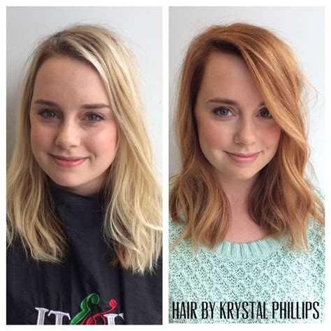 before and after from light blonde to strawberry blonde transformations at dyer and posta sal