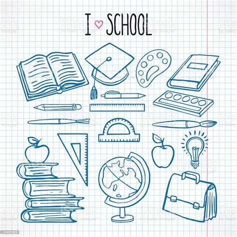 Set With Sketch School Supplies Stock Illustration Download Image Now