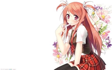 Flowers Redheads School Uniforms Long Hair Red Eyes Seifuku Simple Background Anime