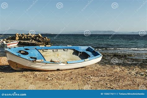 Summer Landscape Blue Boats On The Background Of The Sea Stock Image