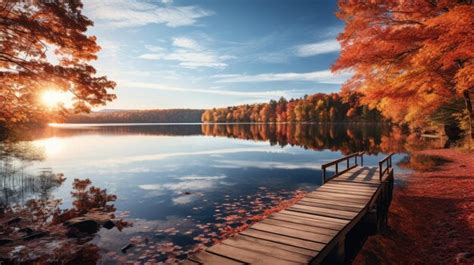 Premium Ai Image Tranquil Lake Surrounded By Vibrant Autumn Foliage