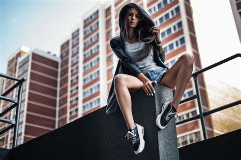 Wallpaper Artem Solov Ev Sitting Model Urban Women Outdoors Legs