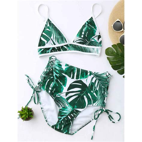 Zaful Women New High Waist Tropical Leaf Print Bikini Set Sexy