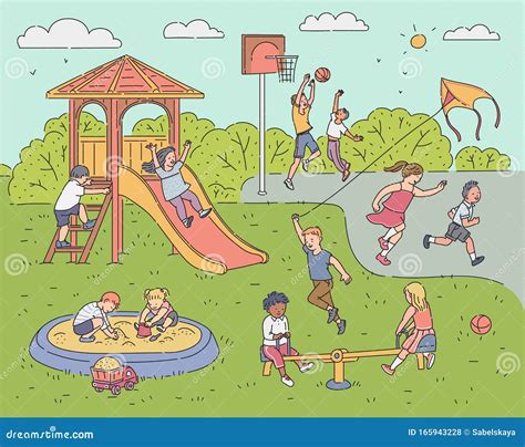 Childrens Playing Activity On Playground Sketch Cartoon Vector