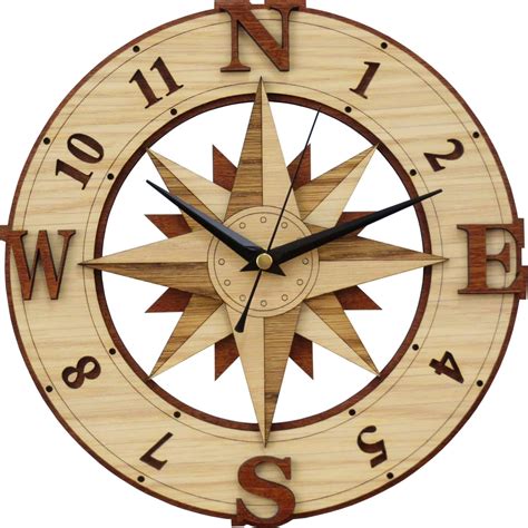 Compass Clock In Wood Wind Rose Windrose