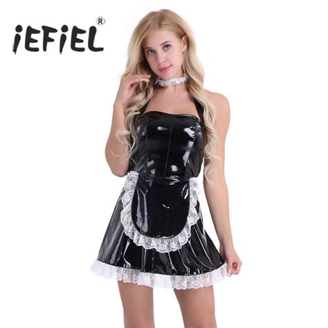 Iefiel 3pcs Women Wet Look Patent Leather Maid Dress Cosplay Costumes