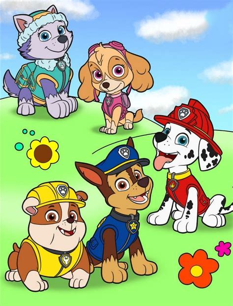 The Paw Patrol Characters Are Sitting On Top Of A Hill