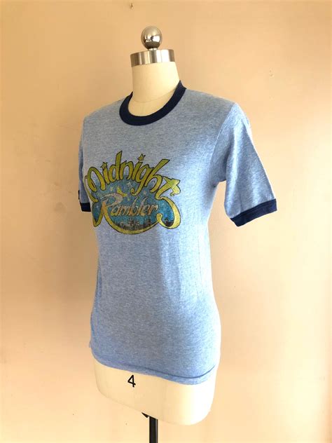 70s Midnight Rambler Blue Ringer T Shirt Vintage 1970s Novelty Sparkly Graphic Top Sz L