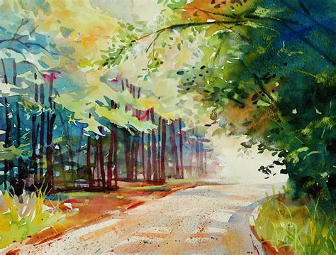 A Watercolor Painting Of A Road Surrounded By Trees