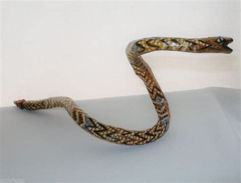 Fantastic Hand Painted Carved Wood Rattle Snake Eye Catching Folk Art