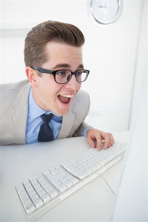 Excited Businessman Working On Computer Stock Photo Image Of