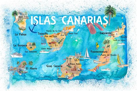 Mapa turístico ilustrado de las Islas Canarias con Tenerife Etsy España Kanaren Lanzarote