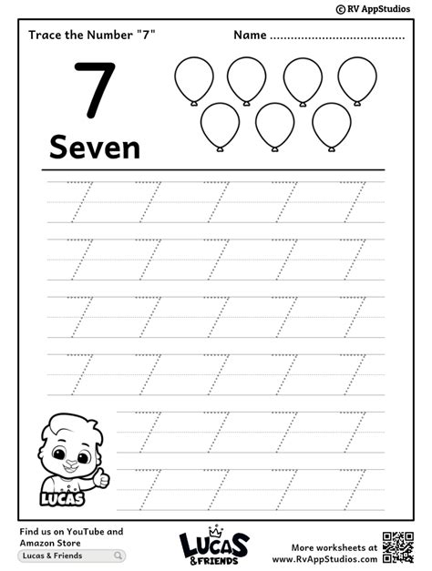 Trace Number 7 Worksheet For Free For Kids