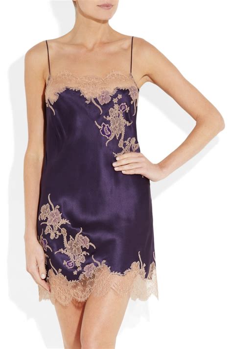 Purple Théme Tamara Lace Appliquéd Silk Satin Chemise Carine Gilson Fashion Silk Satin Chemise