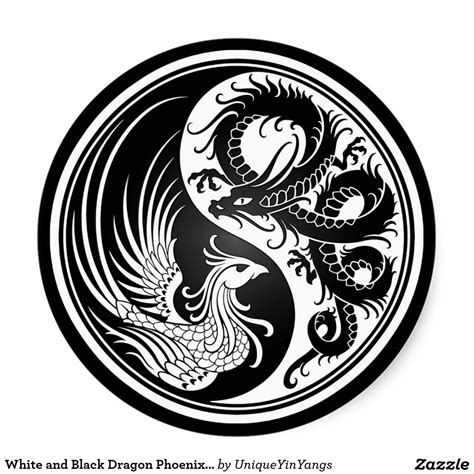White And Black Dragon Phoenix Yin Yang Round Sticker Yin Yang