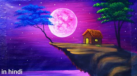 Pink Moonlight Night Scenery Drawing Painting Moonlight Painting