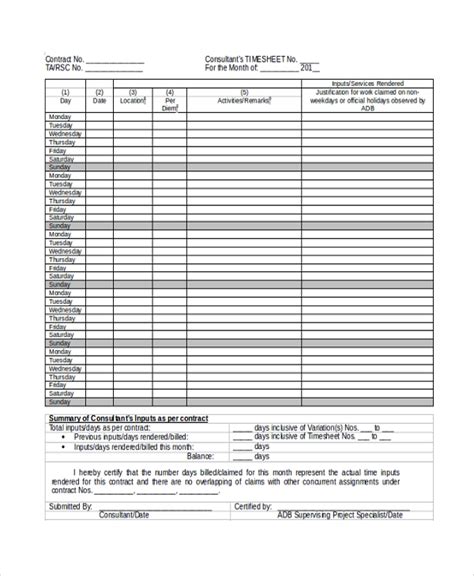 Consultant Timesheet Template Free