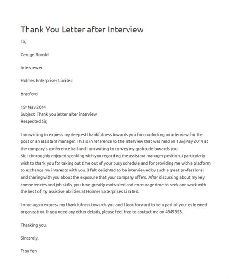 Free 6 Sample Thank You Letters For Interview In Ms Word Pdf