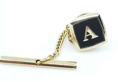 Vintage Tie Tack Pin Letter A Initial Square Black Goldtone Etsy