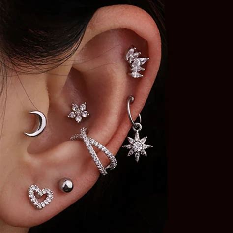 Keily Cute Crystal Flower Star Sun Heart Hoop Ring Ear Piercing Jewelry