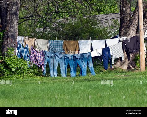 Clothes Hanging On Line In The Yard Horizontal Shot Stock Photo Alamy